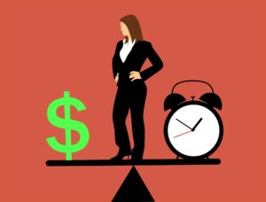 An art design showing a woman balancing time and money